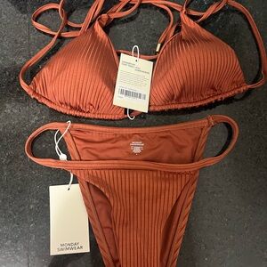 Monday Swimwear Ribbed Rust Triangle Bikini Set